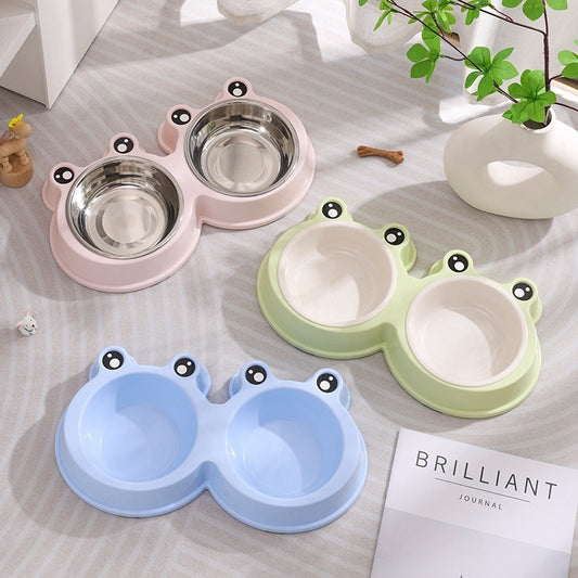 Cartoon Cat Bowl Large And Small Frog Bowls Stainless Steel Double - view 2