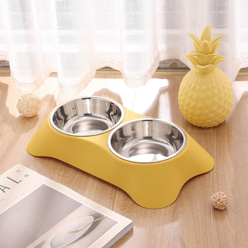 Trapezoidal Pet Bowl Stainless Steel Double Bowl For Water And Food - Yellow + Stainless Steel