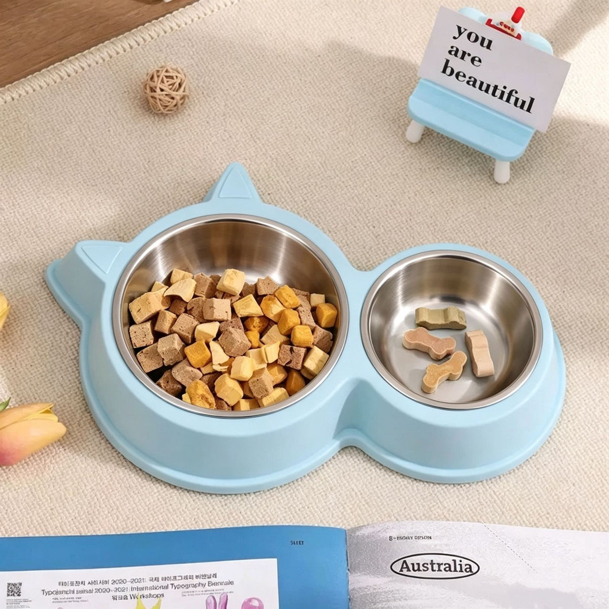Pet Supplies Cat Food Bowl Cute Pet Cat And Dog Bowl Divided Solid - 1211--light Blue Plus Stainless Steel