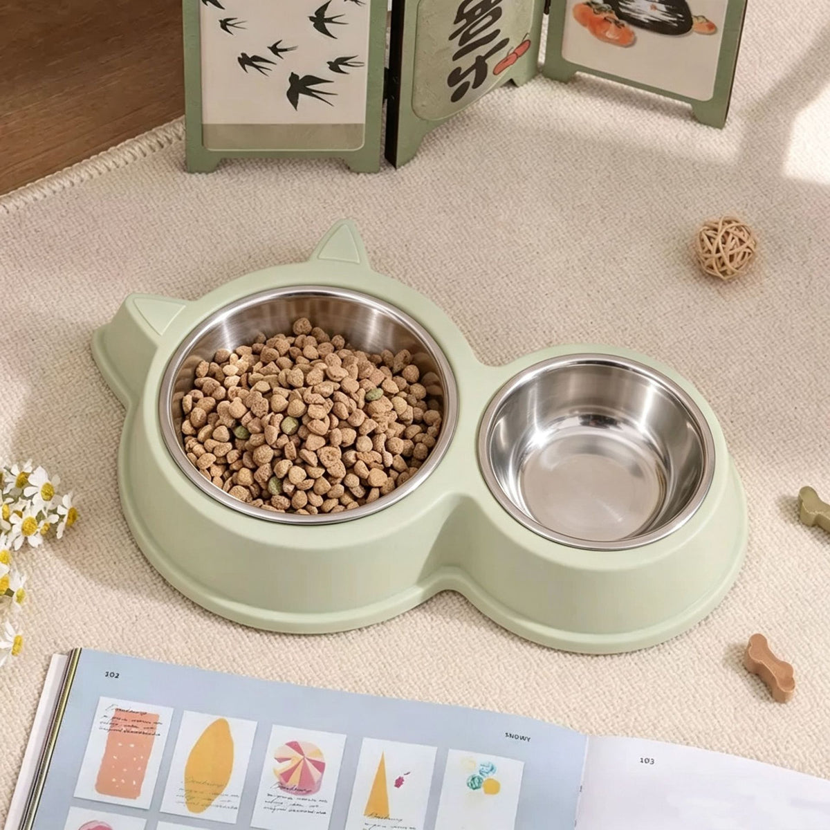 Pet Supplies Cat Food Bowl Cute Pet Cat And Dog Bowl Divided Solid - 1211--light Green Plus Stainless Steel