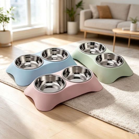 Trapezoidal Pet Bowl Stainless Steel Double Bowl For Water And Food - view 1