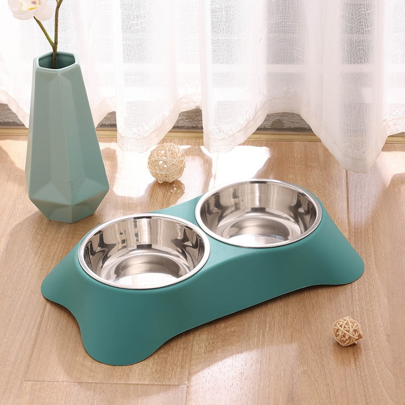 Trapezoidal Pet Bowl Stainless Steel Double Bowl For Water And Food - Dark Green + Stainless Steel