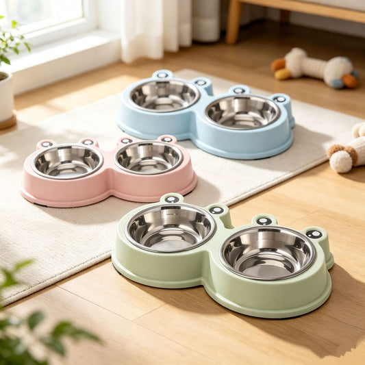 Cartoon Cat Bowl Large And Small Frog Bowls Stainless Steel Double - view 1