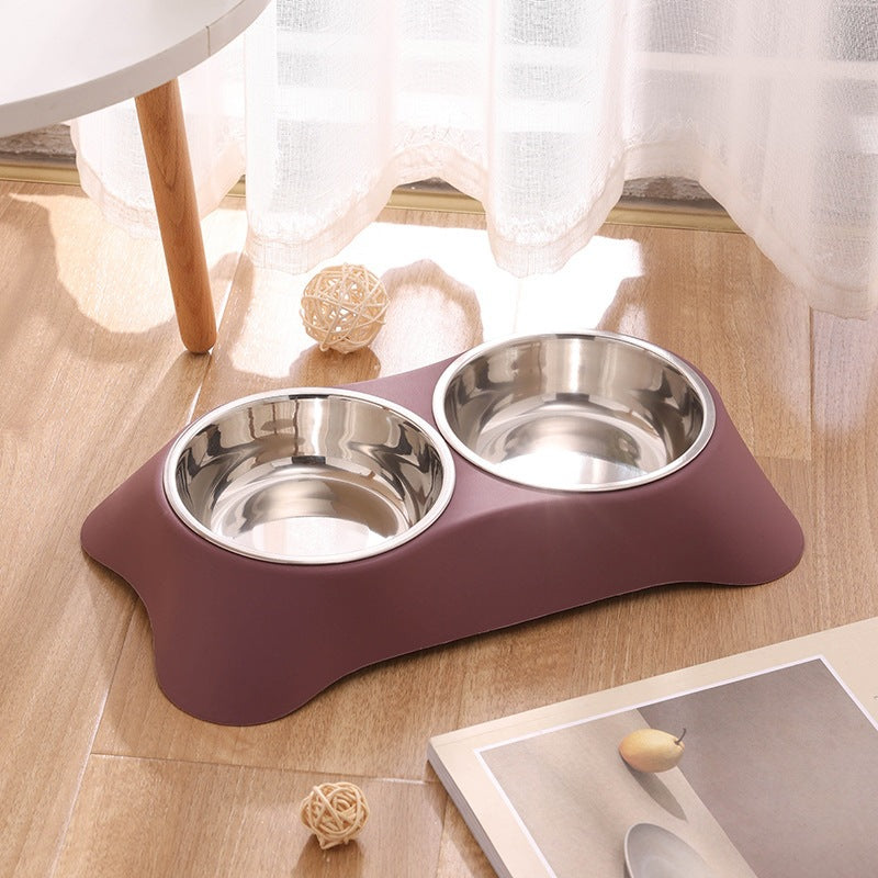 Trapezoidal Pet Bowl Stainless Steel Double Bowl For Water And Food - Deep Red + Stainless Steel