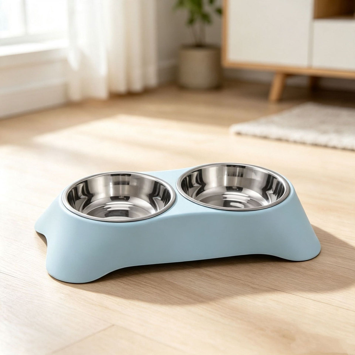 Trapezoidal Pet Bowl Stainless Steel Double Bowl For Water And Food - Light Blue + Stainless Steel