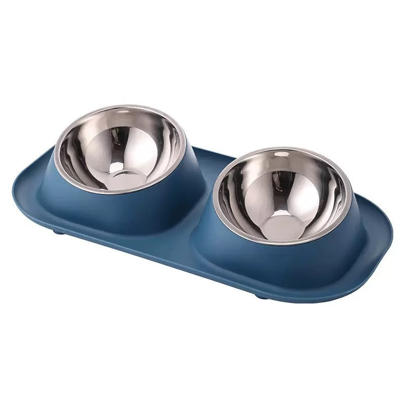 Tilted Pet Bowl Simple Stainless Steel Double Bowl Pet Supplies Neck - 1005-1 Deep Blue