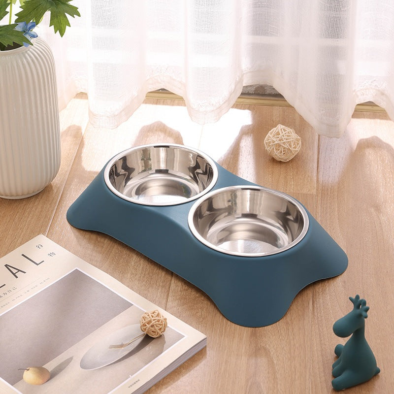 Trapezoidal Pet Bowl Stainless Steel Double Bowl For Water And Food - Dark Blue + Stainless Steel