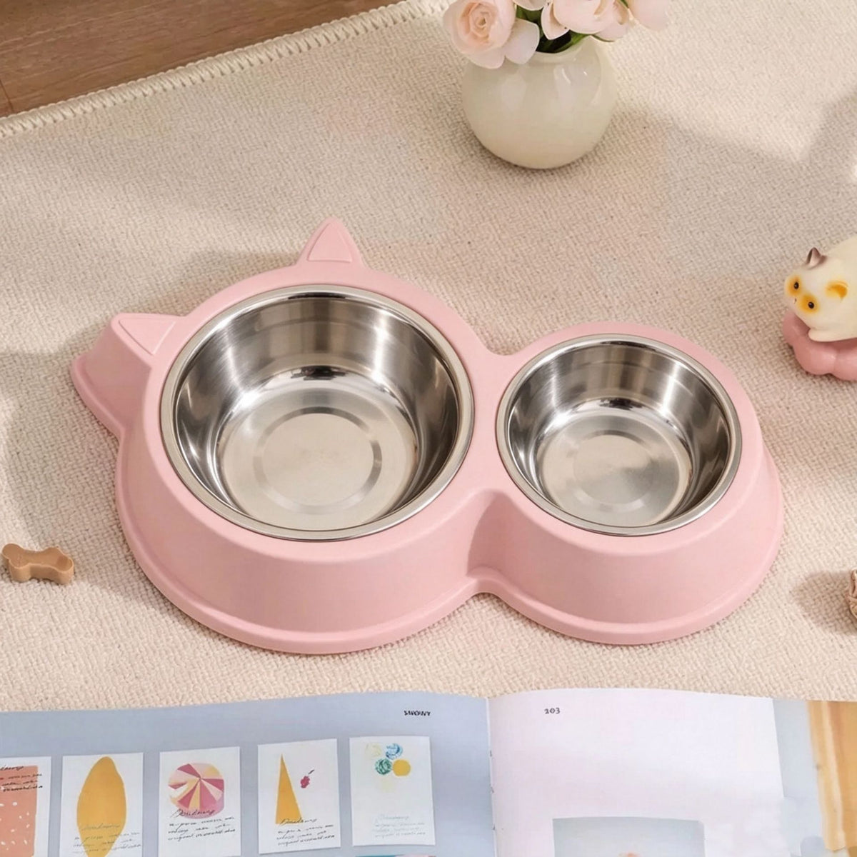 Pet Supplies Cat Food Bowl Cute Pet Cat And Dog Bowl Divided Solid - 1211--light Pink Plus Stainless Steel