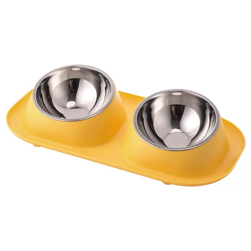 Tilted Pet Bowl Simple Stainless Steel Double Bowl Pet Supplies Neck - 1005-1 Yellow