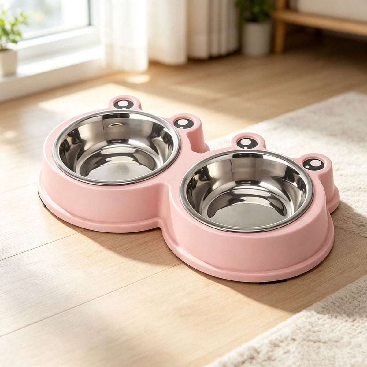 Cartoon Cat Bowl Large And Small Frog Bowls Stainless Steel Double - Light Pink + Stainless Steel