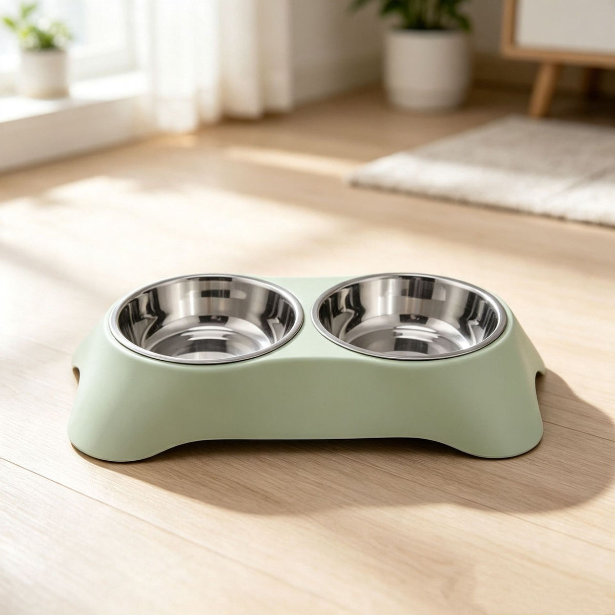 Trapezoidal Pet Bowl Stainless Steel Double Bowl For Water And Food - Light Green + Stainless Steel