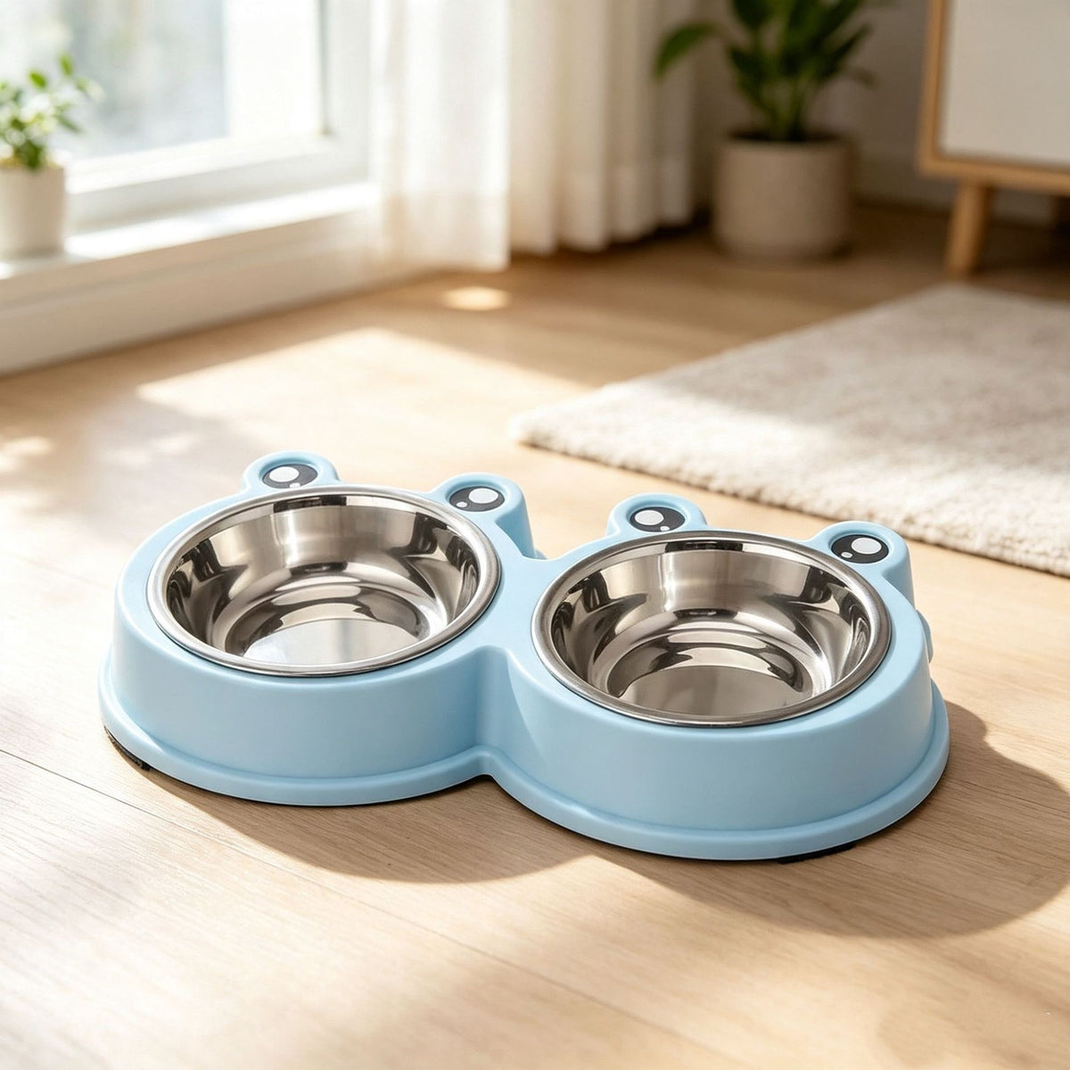 Cartoon Cat Bowl Large And Small Frog Bowls Stainless Steel Double - Light Blue + Stainless Steel