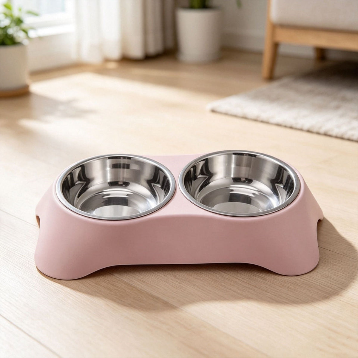 Trapezoidal Pet Bowl Stainless Steel Double Bowl For Water And Food - Light Pink + Stainless Steel