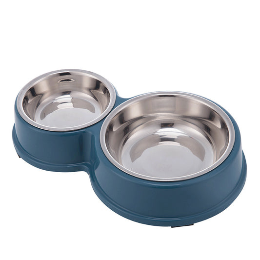 Dual-purpose Plastic Pet Bowl For Feeding And Watering Dog Bowl Cat - 0039--1 Deep Blue With Stainless Steel