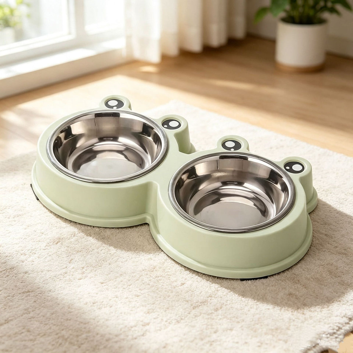 Cartoon Cat Bowl Large And Small Frog Bowls Stainless Steel Double - Light Green + Stainless Steel